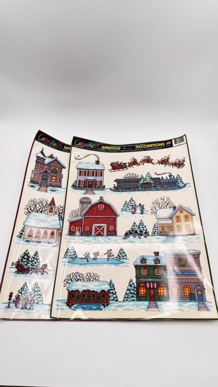 VTG Colorifics Christmas Village Santa Holiday Window Clings #509 #510